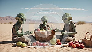 A green skinned alien family enjoying a picnic in the desert landscape. Ideal for extraterrestrial themes, science fiction, family