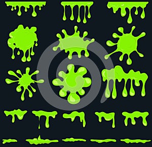 Green slime blots and drops isolated. Dripping acid vector