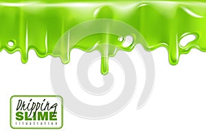 Green slime dripping. Toxic drips slimy isolated on white background, goo flow and mucus fluid. Liquid decoration