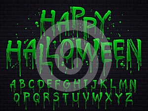 Green slime font. Halloween toxic waste letters, scary horror greens goo sign and splash liquid slimes vector isolated photo