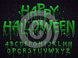 Green slime font. Halloween toxic waste letters, scary horror greens goo sign and splash liquid slimes vector isolated