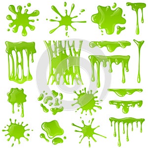 Green slime. Goo blob splashes, toxic dripping mucus. Slimy splodge and drops, liquid borders. Cartoon isolated vector