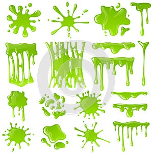 Green slime. Goo blob splashes, toxic dripping mucus. Slimy splodge and drops, liquid borders. Cartoon isolated vector photo