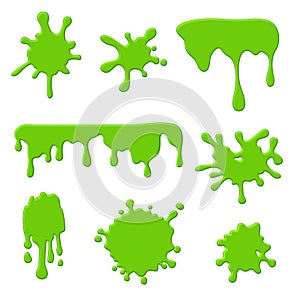 Green slime. Goo spooky dripping liquid, blots and splashes. Border for halloween scary slime banner. Vector isolated