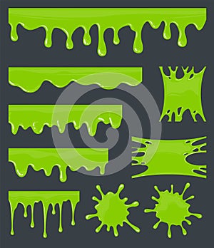 Green slime. Halloween ooze, mucus isolated vector set. Illustration of splatter and dribble, spot and drop, slime and blob