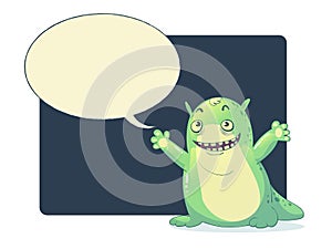 Green slime monster with word bubble