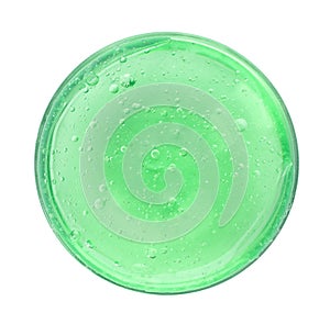 Green slime in plastic container isolated on white, top view. Antistress toy