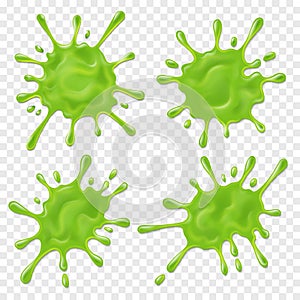 Green slime. Realistic dirt splat, goo dripping splodges of slime. Isolated vector set