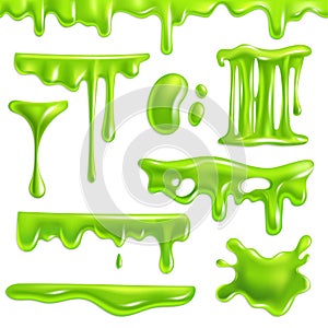 Green slime realistic. Goo splashes and mucus smudges, slimy toxic blots. Halloween liquid decoration borders and frames photo