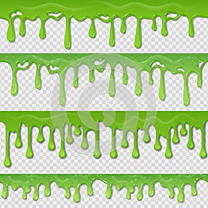 Green slime seamless pattern. Realistic toxic splatter and blob splash elements isolated on white. Vector goo green