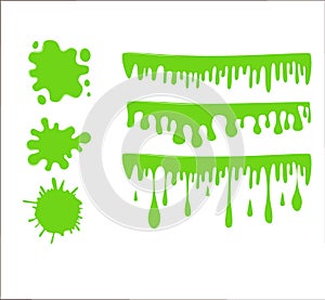 Green slime set on checkered transparent background. Paint drop abstract .