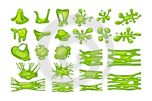 Green slime set. Collection of blots, splashes and smudges. Vector cartoon illustration of liquid.