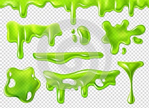 Green slime. Slimy purulent blots, goo splashes and mucus smudges. Realistic halloween elements isolated vector set photo