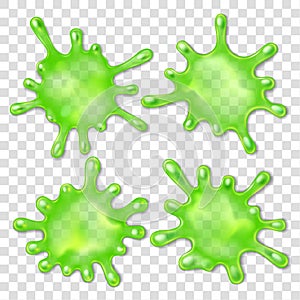 Green slime spot. 3d Splatter snail slug, mucus splash spots with dripping drops vector illustration set