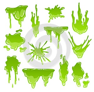 Green slimes. Goo blob splashes, toxic dripping mucus. Slimy splodge and drops, liquid borders. Cartoon isolated vector