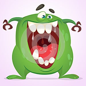 Green slimy monster with big teeth and mouth opened wide. Halloween vector monster character. Cartoon alien mascot isolated