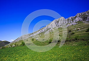 Green slopes of Piatra Secuiului Szekelyko Mountain in the Romanian Carpathians, Rimetea village, Romania.