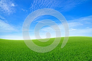 Green sloping meadows with blue sky