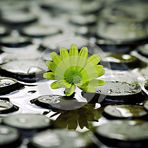 Green small flower around small leaves water. Flowering flowers, a symbol of spring, new life