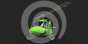 Green small military transport helicopter on black isolated background. The helicopter rescue service. Air taxi