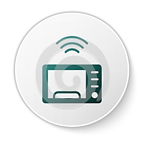 Green Smart microwave oven system icon isolated on white background. Home appliances icon. Internet of things concept