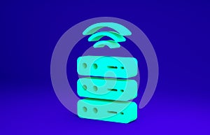 Green Smart Server, Data, Web Hosting icon isolated on blue background. Internet of things concept with wireless