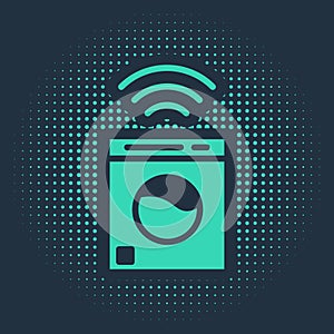 Green Smart washer system icon isolated on blue background. Washing machine icon. Internet of things concept with