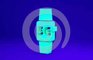 Green Smart watch 5G new wireless internet wifi icon isolated on blue background. Global network high speed connection