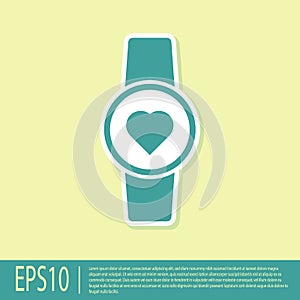 Green Smart watch showing heart beat rate icon isolated on yellow background. Fitness App concept. Vector Illustration