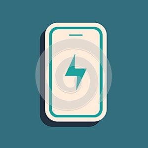 Green Smartphone charging battery icon isolated on green background. Phone with a low battery charge. Long shadow style