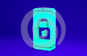 Green Smartphone with closed padlock icon isolated on blue background. Phone with lock. Mobile security, safety