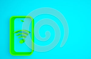 Green Smartphone with free wi-fi wireless connection icon isolated on blue background. Wireless technology, wi-fi