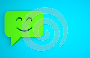 Green Smile face icon isolated on blue background. Smiling emoticon. Happy smiley chat symbol. Minimalism concept. 3D