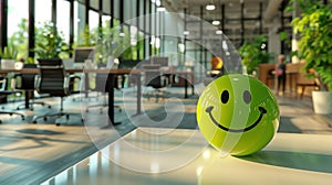 The green smiley ball on desk.AI generated image
