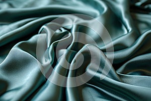 Green smooth satin or silk texture background. Green fabric abstract texture. Luxury satin cloth. Silky and wavy folds of silk