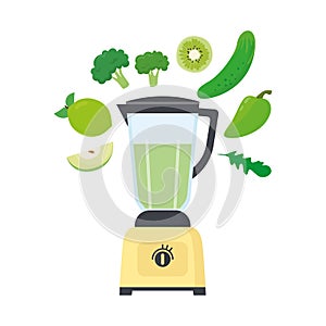 Green smoothie in a blender or mixer. Blender with green fruits and vegetables. Vector illustration in cartoon style