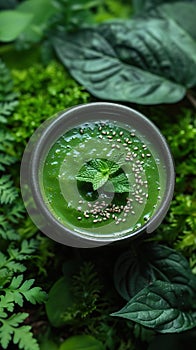 Green smoothie in bowl surrounded by fresh leaves. AI Generated