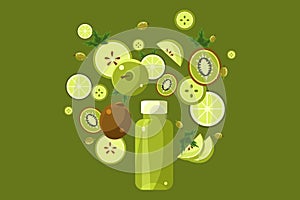 Green smoothie drink in bottle, ingredients flying over the bottle vector Illustration on a green background