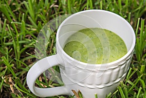 Green Smoothie drink in white mug, setting in grass