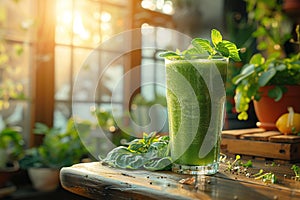 Green smoothie with fresh mint on top in a sunny garden setting., Generated AI