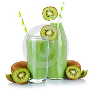 Green smoothie fruit juice drink straw kiwi in a glass bottle isolated