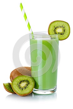 Green smoothie fruit juice drink straw kiwi in a glass isolated on white