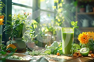 Green smoothie garnished with mint and lemon in a garden setting,. Generated AI