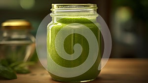 Green smoothie in a glass jar on wooden table