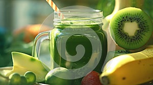 Green smoothie in a glass jar on wooden table
