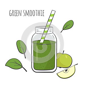 Green smoothie in jar with spinach and apple