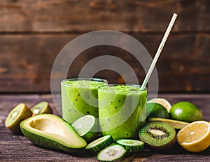 Green smoothie made by avocado, lemon and kiwi on natural wooden background