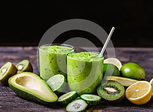 Green smoothie made by avocado, lemon and kiwi on natural wooden background