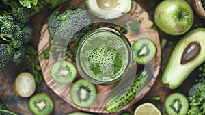 A green smoothie made with kiwis, broccoli, and avocado in a glass on a table