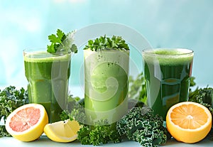 Green smoothie, mix of kale, fruits and herbs on light blue background. Detox, energy for the body